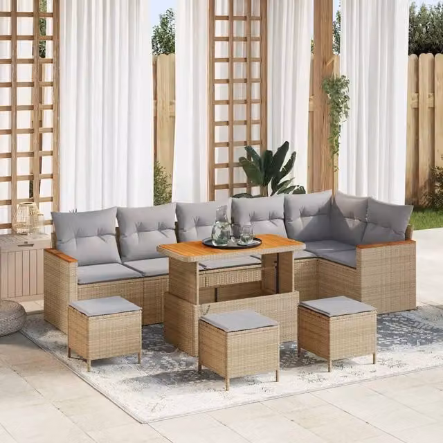 Set Divano da Giardino a L vidaXL Beige con Cuscini e Tavolino da Esterno – 1
