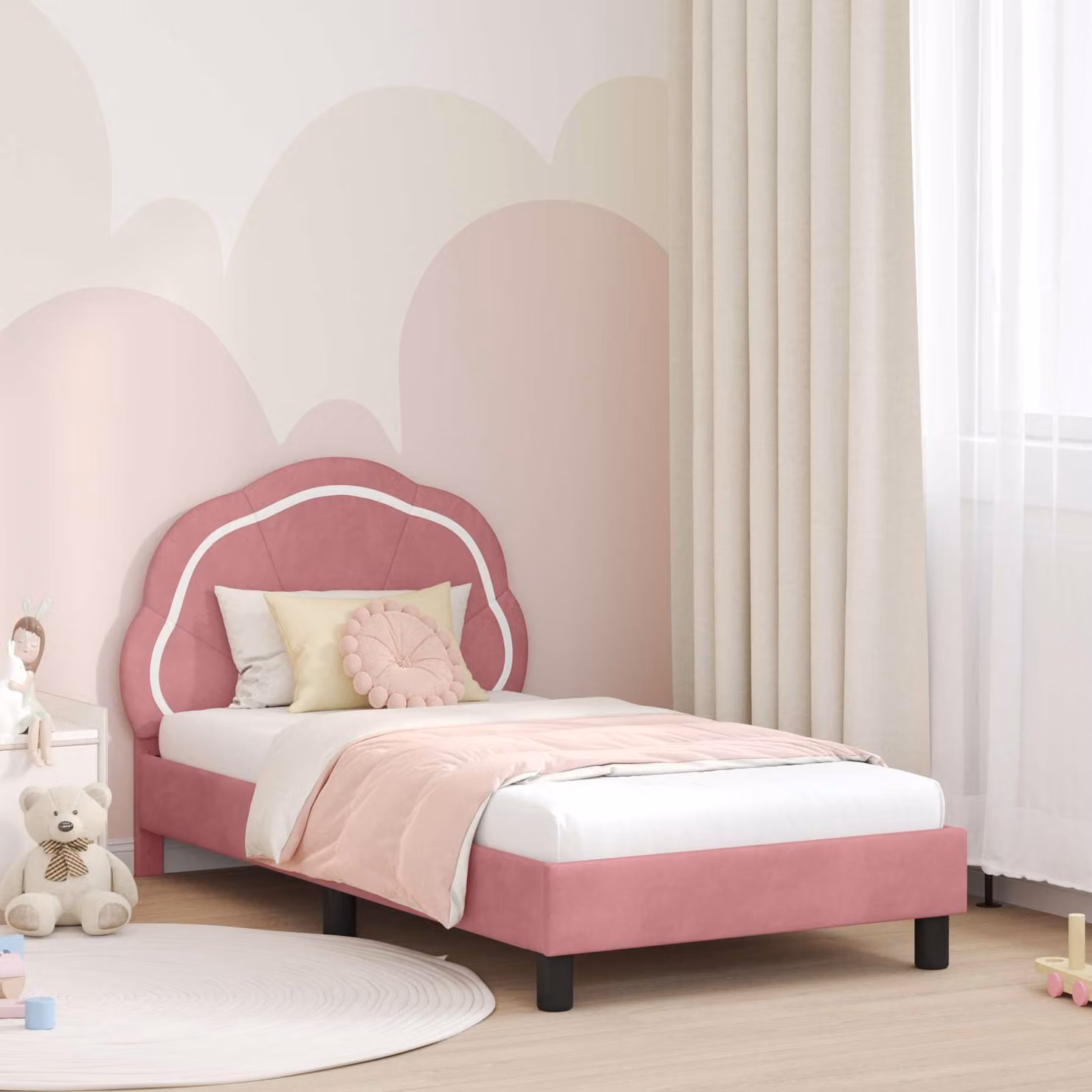 Struttura letto per bambini vidaXL in velluto rosa con testata, L/P/H: 160 x 80 x 93,5 cm