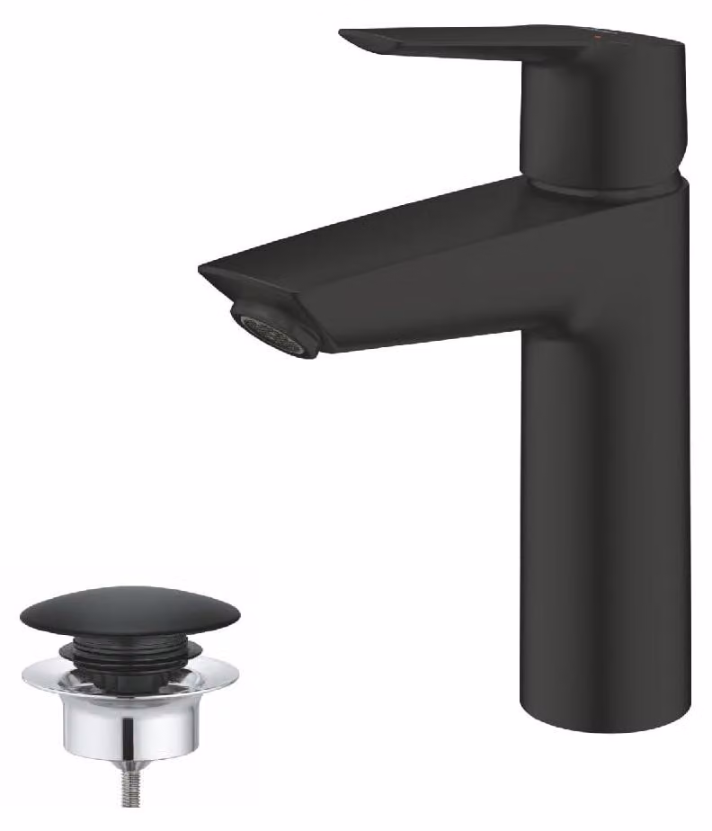 Miscelatore per lavabo, altezza 19 cm, erogazione acqua fredda centrale, scarico a tappo a scomparsa, colore nero