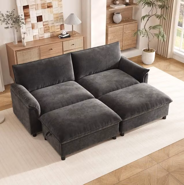 Divano in ciniglia grigio con pouf contenitore mobile e funzione letto temporanea; 216×77×82 cm