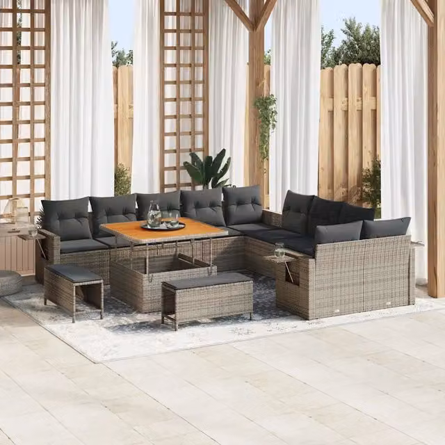 Set Divano da Giardino vidaXL a Forma a U in Polyrattan Grigio con Cuscini e Tavolino da Caffè – 1