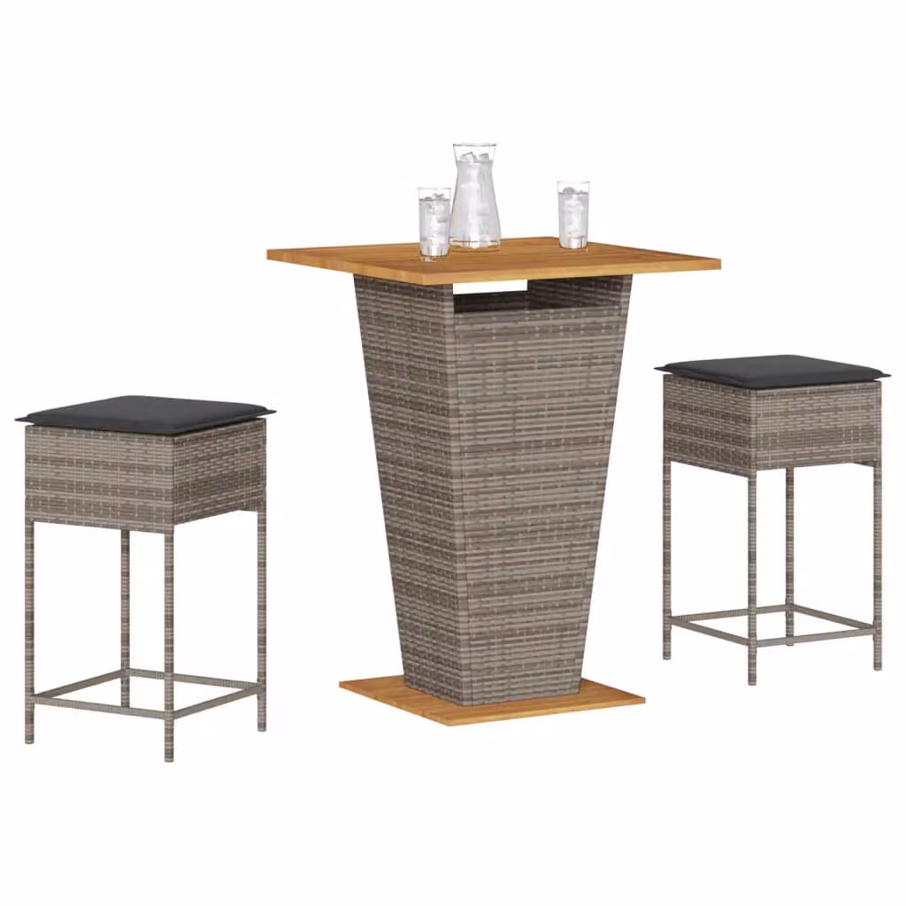 Set Bar da Giardino vidaXL in Polyrattan e Legno di Acacia con Cuscini Grigio