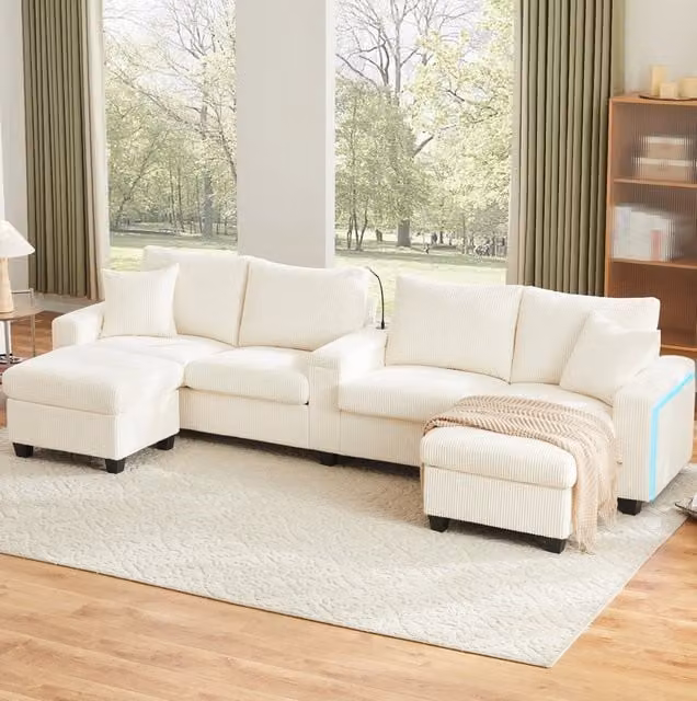 Divano a U in velluto a coste con 2 pouf contenitore; LED; USB e Type-C; beige 334x128;5x81 cm