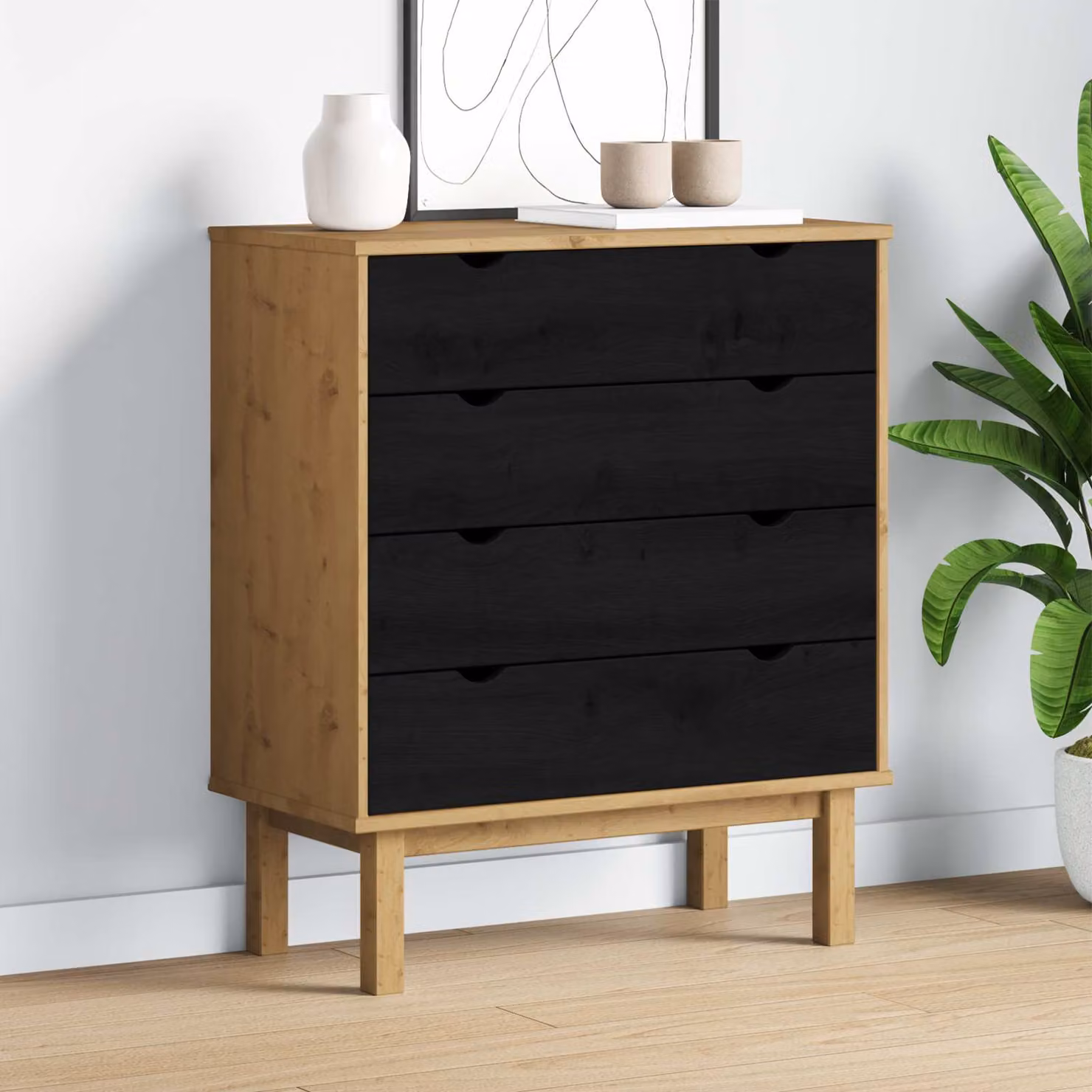 Cassettiera vidaXL OTTA in legno di pino, colore nero e marrone, stile scandinavo, L: 76,5 cm, P: 39,5 cm, H: 90 cm