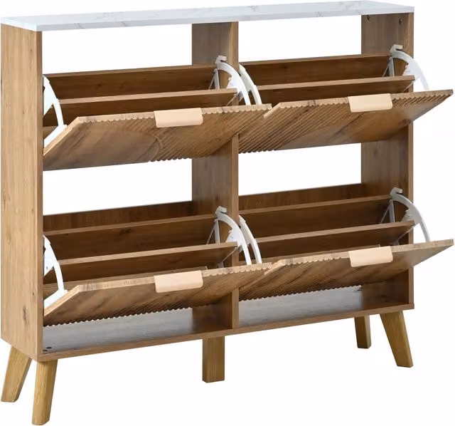Armadio portascarpe con ante a ribalta in MDF effetto legno, piano marmo, 105x24x95,5 cm, gambe coniche in legno massello