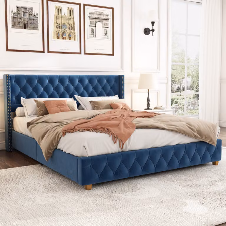 STILVORA Letto imbottito 160×200 cm Letto per ragazzi con struttura a bottoni e testiera, imbottitura in schiuma, velluto, senza materasso, blu