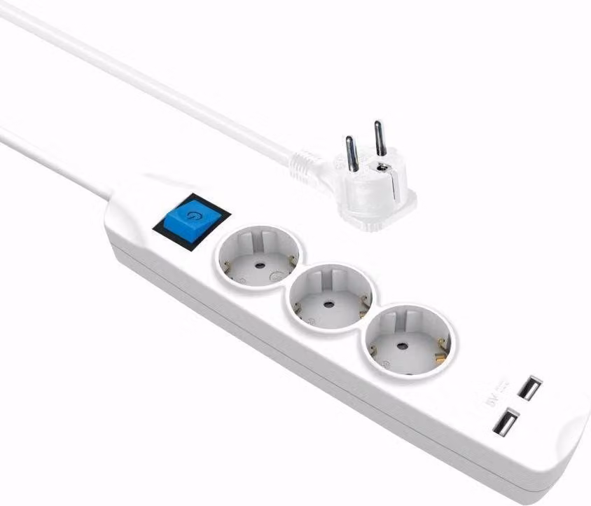 Presa multipla tripla con 2 porte USB, spina piatta, 5 m, bianca