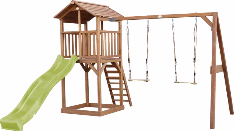 AXI Beach Tower parco giochi in legno in marrone | Torre di gioco con sabbiera, doppia altalena e scivolo verde lime | Casa per bambini su palafitte per il giardino