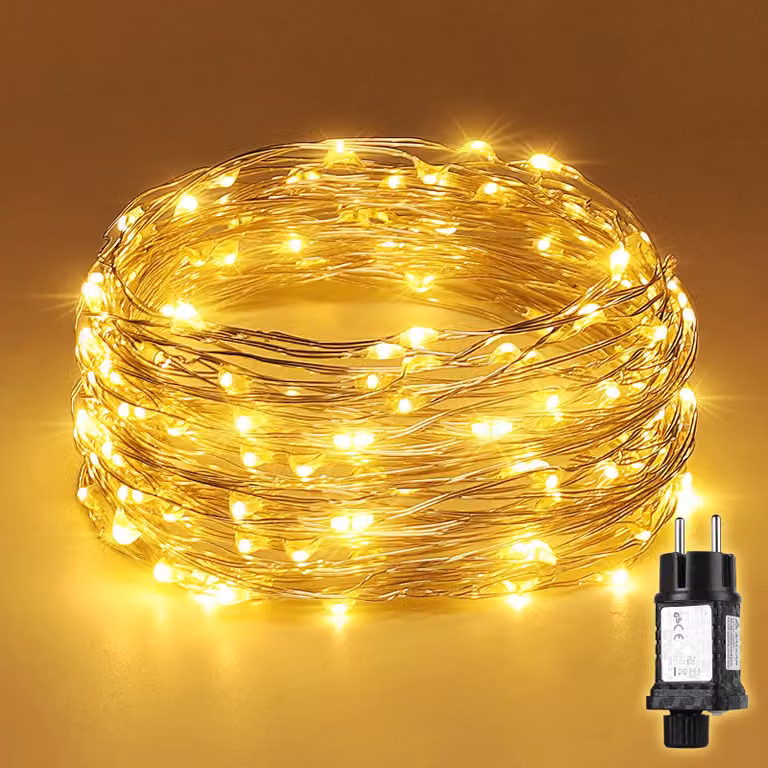 Catena luminosa a LED, 20 metri, 200 LED, luce bianco caldo, grado di protezione IP44, 8 modalità