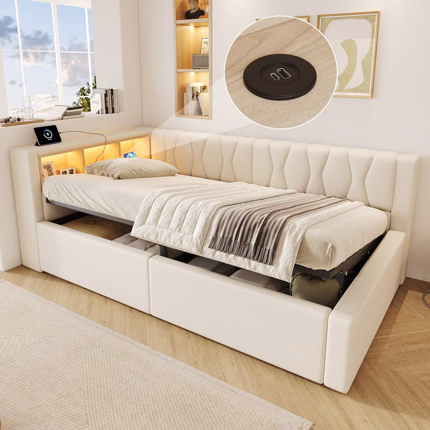Divano letto idraulico 90x200 cm con porta USB, letto per ragazzi, divano letto singolo rivestito in ecopelle, divano letto trasformabile con contenitore, tessuto in lino, color beige