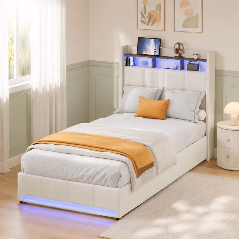 Letto imbottito INONEFT, 90x200 cm, tessuto in lino, colore beige. Letto singolo con 4 cassetti e illuminazione LED. Testiera con spazio contenitivo e porta USB Type-C. Letto funzionale per ragazzi, completo di rete