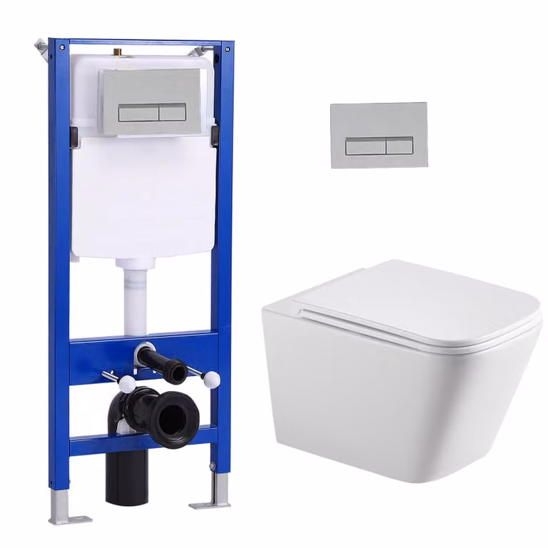 Set di elementi da incasso per WC + WC sospeso senza bordo quadrato + cassetta da incasso da 114 cm con piastra di spinta rettangolare cromata HOROW