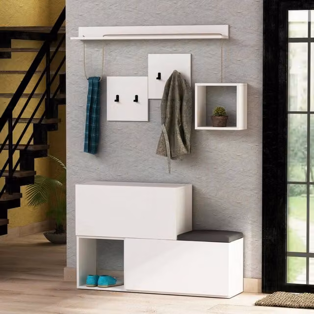 Mobile da ingresso DMORA Lariana bianco con 8 vani a ribalta e seduta integrata L/P/H: 120 x 17 x 76 cm – 1