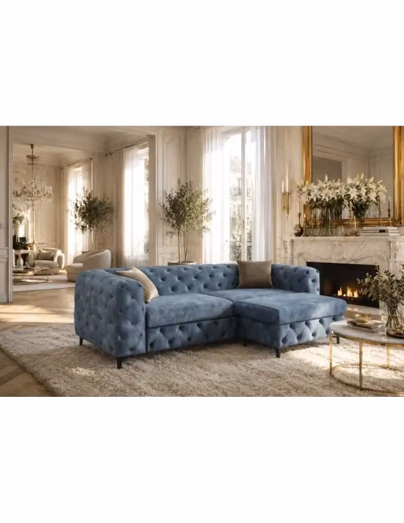 Divano ad angolo VELENA MEUBLORAMA a 4 posti in velluto blu con pouf coordinato, reversibile, L/P/H: 235 x 74 x 157 cm – 2