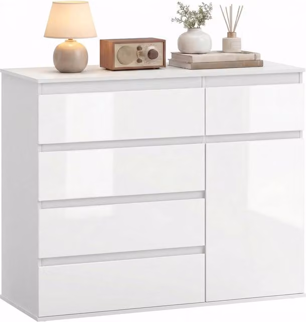 Credenza Moderna con 5 Cassetti e Anta Soft-Close, Madia da Salotto con Ripiano Regolabile, Bianco Lucido, Salvaspazio