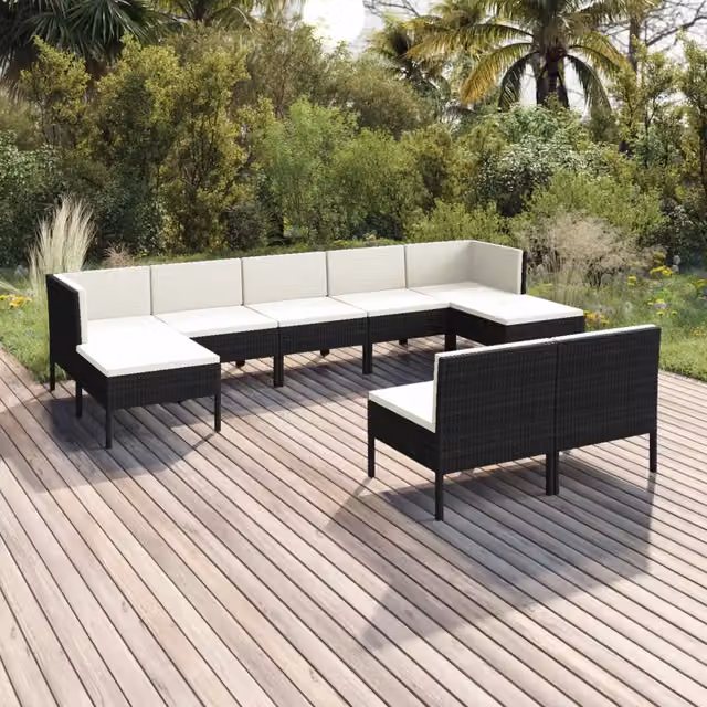 Set Divani da Giardino 9 pz con Cuscini in Polyrattan Nero 3094548