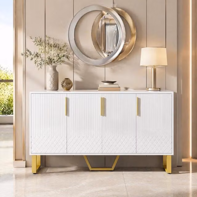 Madia Moderna REDOM Bianca Lucida con Design Geometrico L: 140 cm, P: 40 cm, H: 80 cm