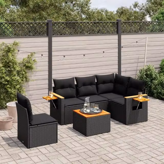 Set Divano da Giardino 6 pz con Cuscini Nero in Polyrattan 3259220
