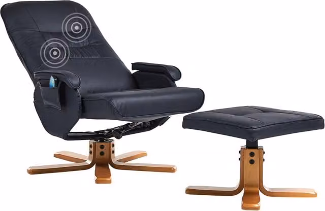 Poltrona relax reclinabile e girevole BELIANI con sgabello coordinato in ecopelle nera – 1