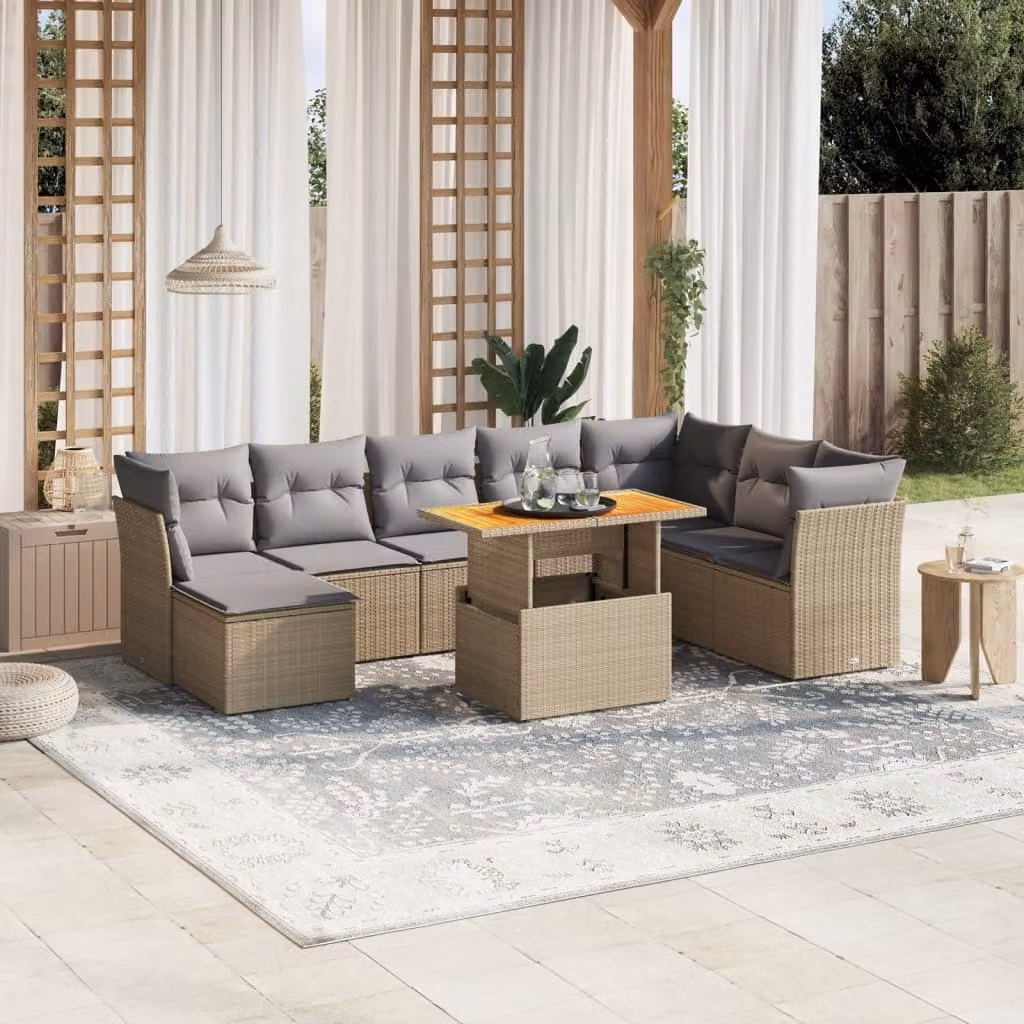 Maison Exclusive - Set Divano da Giardino 9 pz con Cuscini Beige in Polyrattan