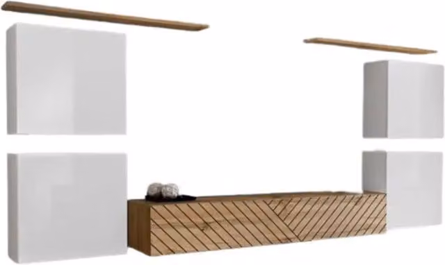 Set di mobili da salotto design SWITCH IV Meublorama, finiture rovere fresato e bianco lucido, Colori bianco e rovere