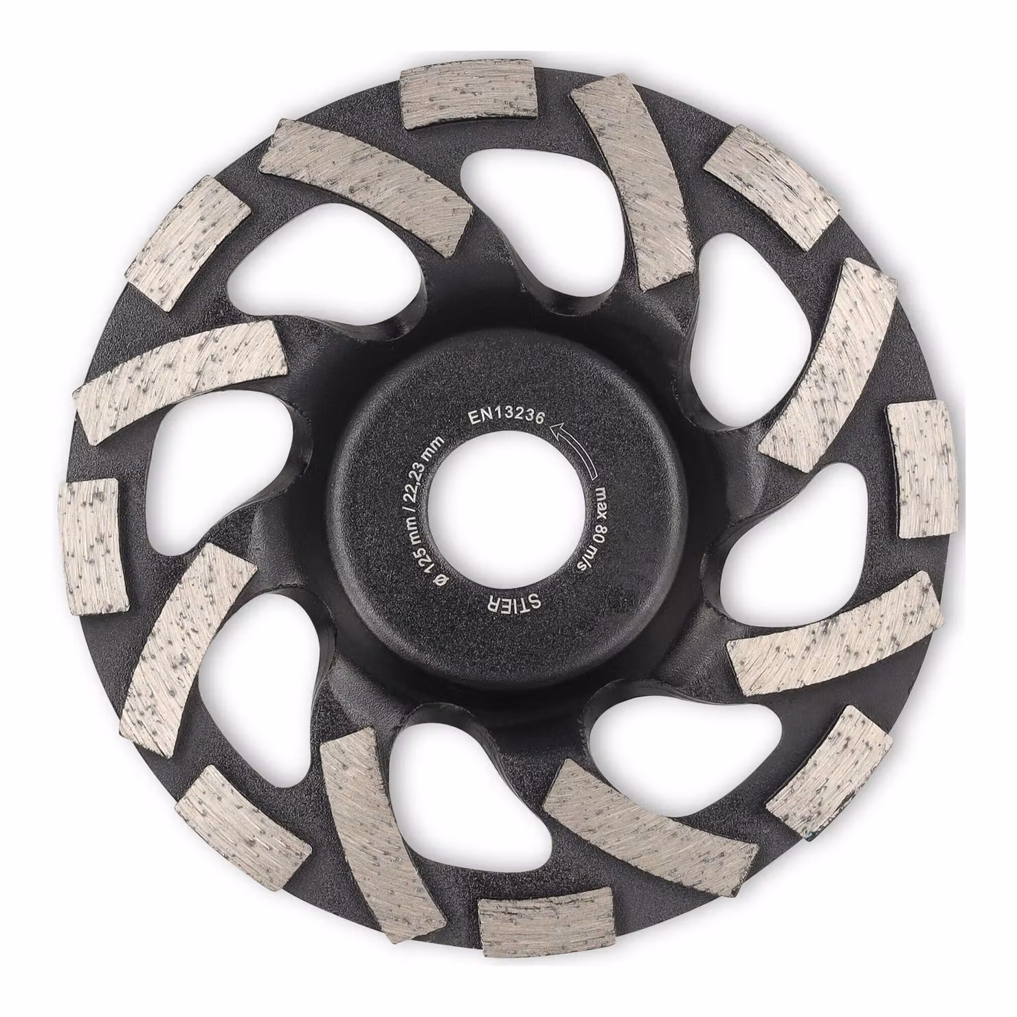 Mola a tazza diamantata STIER 125 x 22,23 mm Abrasivo con geometria speciale unica, massima capacità di asportazione grazie ai segmenti diamantati a 2 file, fori di raffreddamento di forma speciale