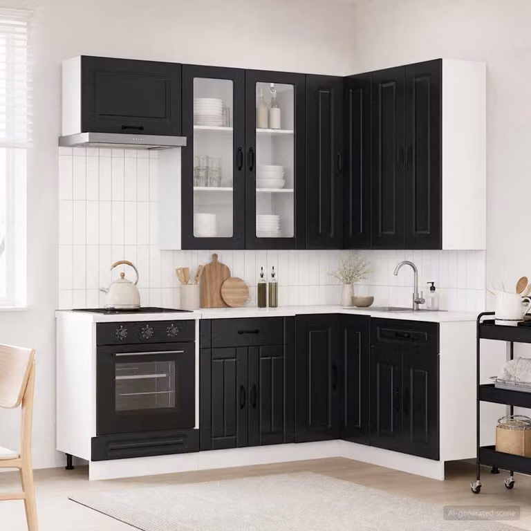 Unità cucina vidaXL KALMAR 8 pezzi nero con ante in vetro e ripiani interni in legno MDF