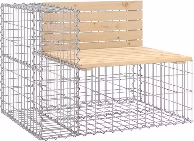 Panchina da Giardino Design Gabbione in Legno di Pino e Metallo Argento L: 92 cm, P: 71 cm, H: 65,5 cm