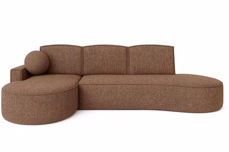 Divano angolare moderno Sofello dalle forme arrotondate MOLLY, con struttura in vimini marrone dalle forme arrotondate di tendenza! (con funzione letto) Superficie di riposo: 140x207 cm