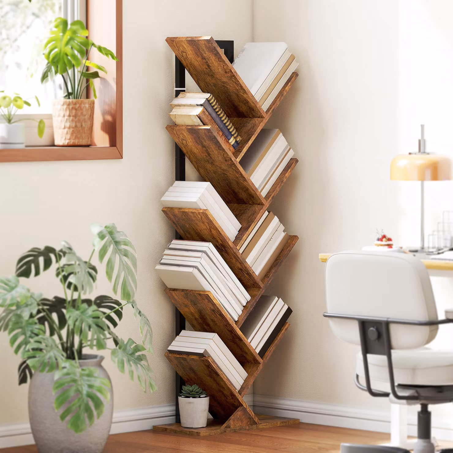 Libreria a scala HOMCOM con 9 ripiani a forma di albero, marrone rustico per ufficio e soggiorno – 2