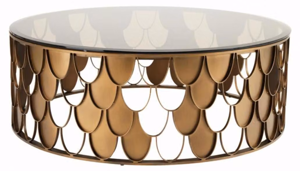Tavolino da caffè in stile Art Déco design Casa Padrino, con dettagli in rame anticato. Tavolino in acciaio e vetro, dimensioni 110 x altezza 38 cm
