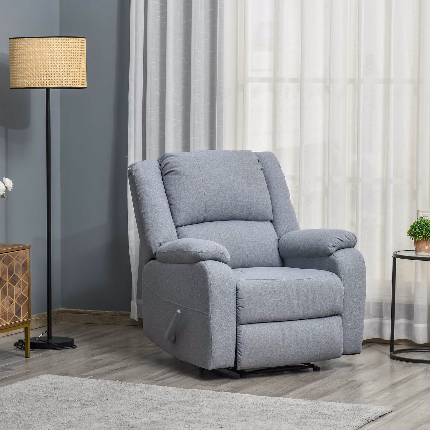 Poltrona Relax HOMCOM con funzione lettino e schienale regolabile, effetto lino, Grigio chiaro – 2
