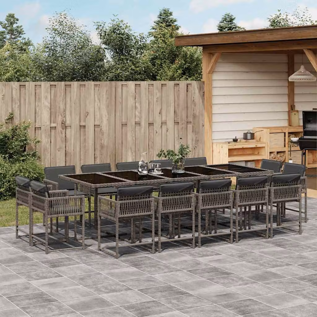 vidaXL Set da Pranzo da Giardino 15 pz in Polyrattan con Cuscini Grigio e Nero e Tavolo in Vetro – 1