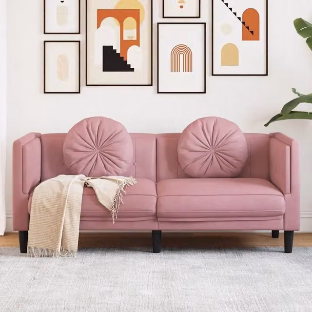 Divano a 2 Posti con Cuscini-Sofa 2 Posti con Cuscini Rosa in Velluto