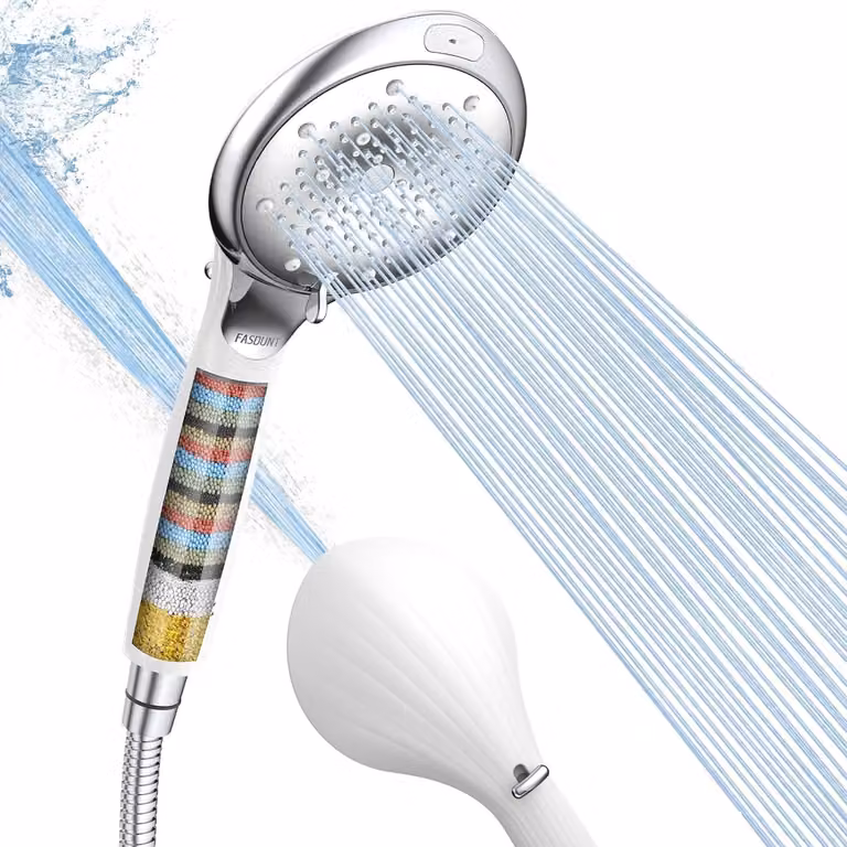 Pistola a mano con 8 getti, tubo da 2 metri, filtro anticalcare, adatta per acqua dura, colore bianco argento