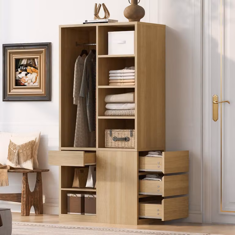 Armadio Merax con diversi cassetti, mobiletto alto con ripiani aperti, armadio per bambini con asta appendiabiti e spazio contenitivo, armadio da ingresso, stile naturale