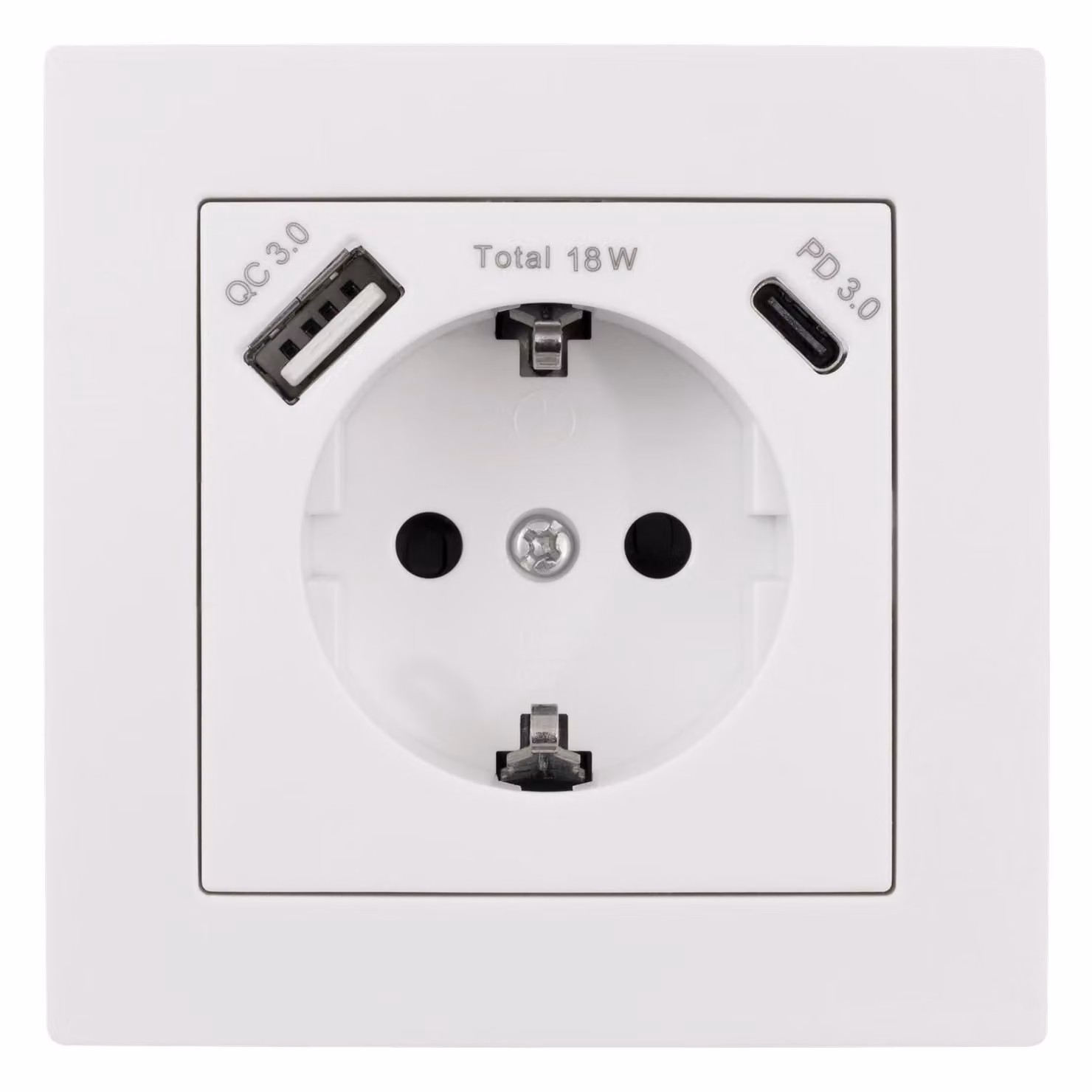 Presa di corrente "Flair" con contatto di terra, 1x USB-C - 18W Quickcharge - 1x USB-A, bianco, opaco