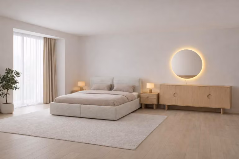 Lussuoso set da camera da letto: letto morbido, comodini in legno, consolle e specchio
