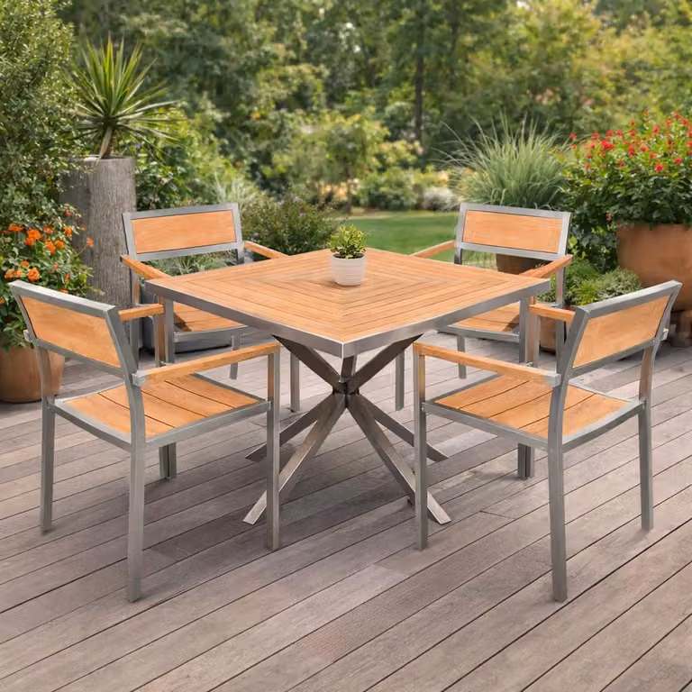 4 Stapelstühle Endine + Tisch Andalo 120 x 120 cm Edelstahl