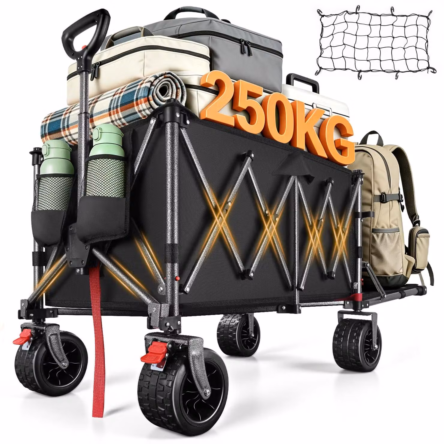 Carrello pieghevole, capacità da 200 a 300L, portata massima di 250kg, con sistema di frenatura anteriore doppio, ideale per la spiaggia e il campeggio