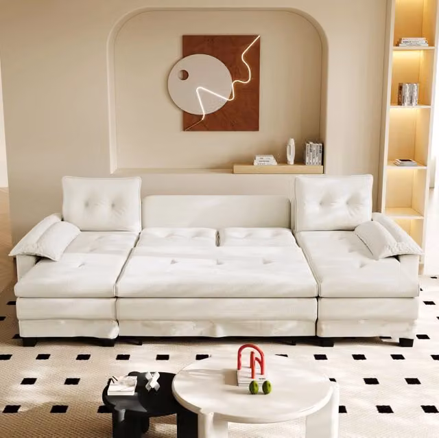 Divano letto modulare a U 278 cm in ciniglia beige con USB e letto estraibile HOMVRA
