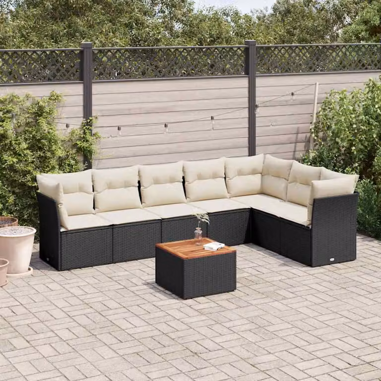 vidaXL Set Divani da Giardino a L con Cuscini 8 pz in Polyrattan Nero e Bianco