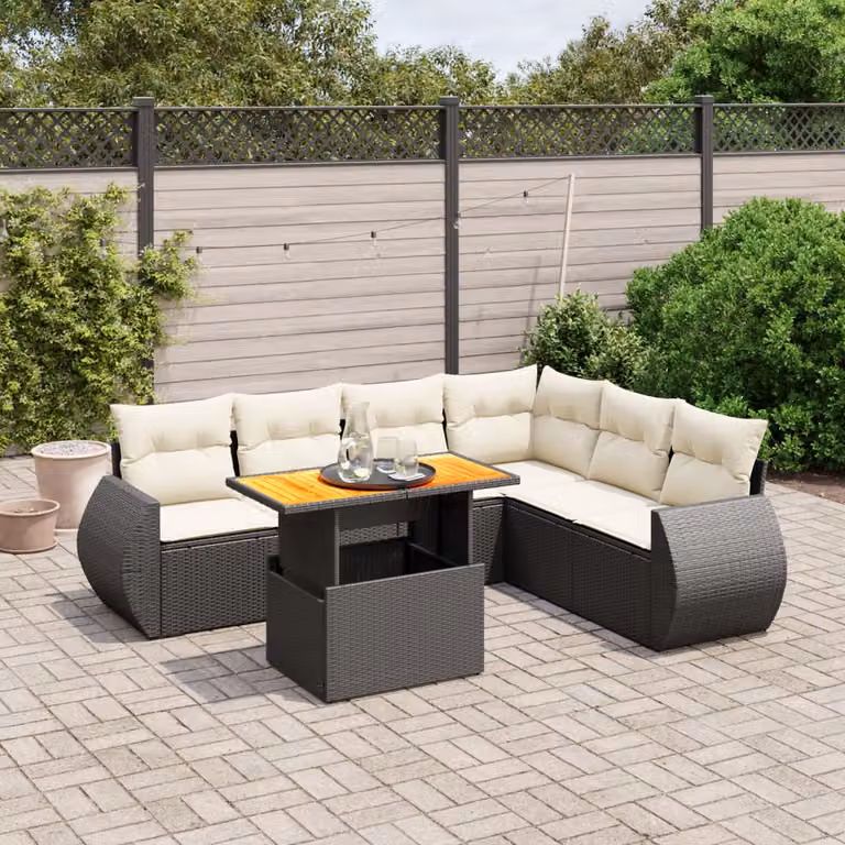Set di Divani da Giardino a L vidaXL in Polyrattan Nero con 7 Cuscini e Tavolino da Esterno