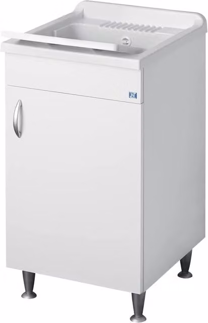 Negrari Eco Lavatoio Bianco Misura 45x50 L45 P50 H85CM Lavapanni Interno Bagno Lavanderia Base Mobile Nobilitato Idrofugo Legno Lavabo Plastica Asse Piedini Ante Battenti Economico Qualità Medio Alta