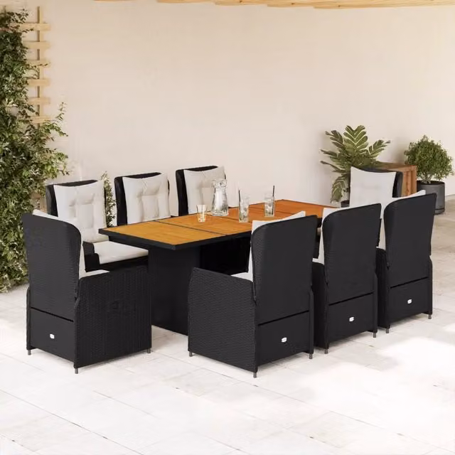 Set da pranzo da giardino vidaXL in polyrattan e legno di acacia nero e bianco con 9 pezzi