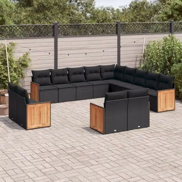 Set di divani da giardino a forma di U vidaXL in polyrattan nero con cuscini inclusi
