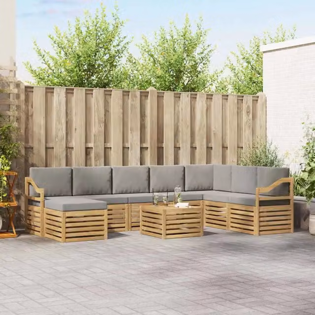 Set di divani ad angolo L vidaXL in legno di acacia massello con cuscini grigi per giardino e terrazzo – 1