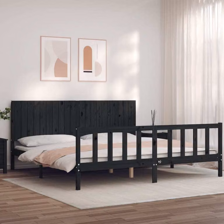 The Living Store Letto in legno massiccio con testiera nera 200x200 cm