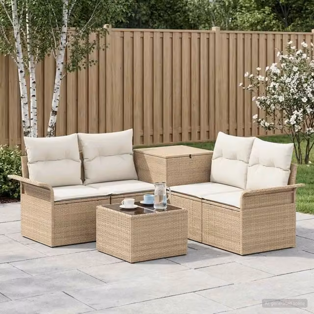 Set di mobili da giardino vidaXL composto da divani, elemento angolare, tavolino e pouf in stile moderno, colore beige e bianco – 1