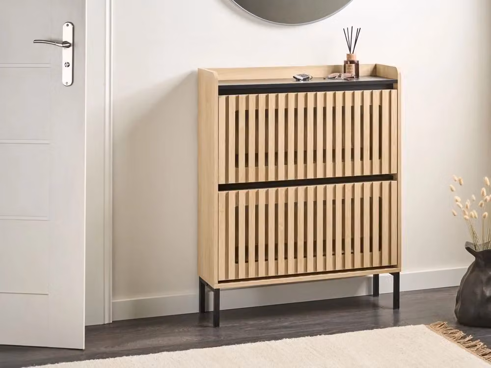 Scarpiera BELIANI in stile scandinavo con scomparti basculanti in MDF e metallo, colore marrone e beige, L: 100 cm, H: 80 cm, P: 25 cm – 2